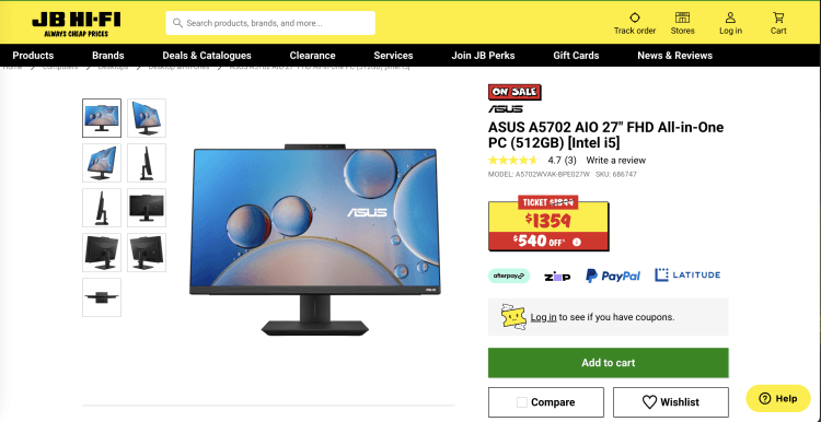 JB Hi-Fi: ASUS A5702 AIO 27″ FHD All-in-One PC (512GB) [Intel i5] – Was $1899, now $1359
